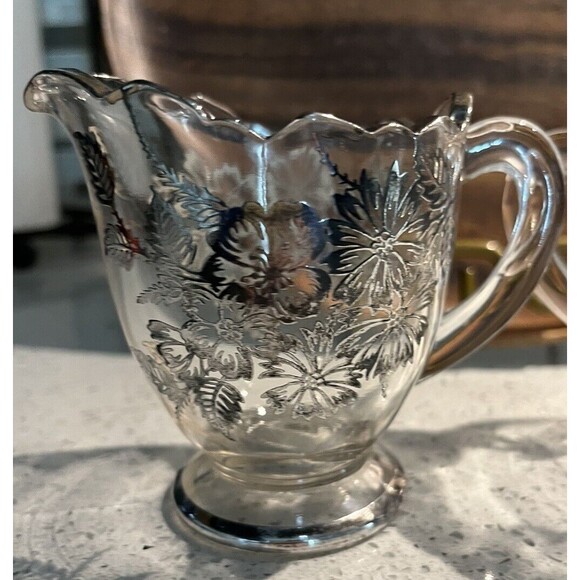 Vtg Clear Glass W Silver Overlay Floral Design Cream And Sugar Set. Grannycore - Picture 3 of 8